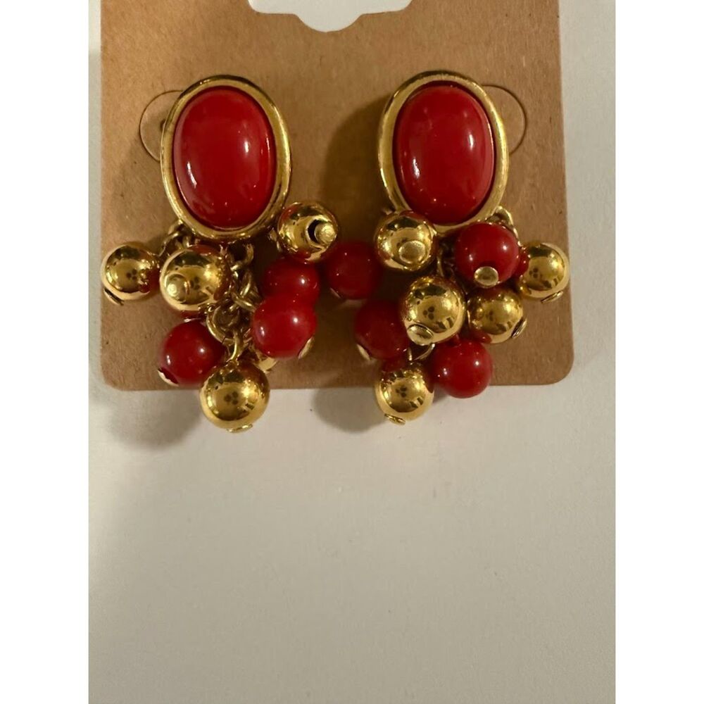 Liz Claiborne Goldtone And Red Beads Pierced Earrings